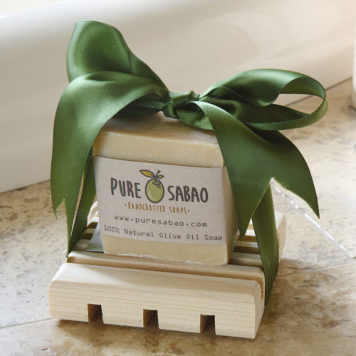 Natural olive oil soap and handmade cypress tray